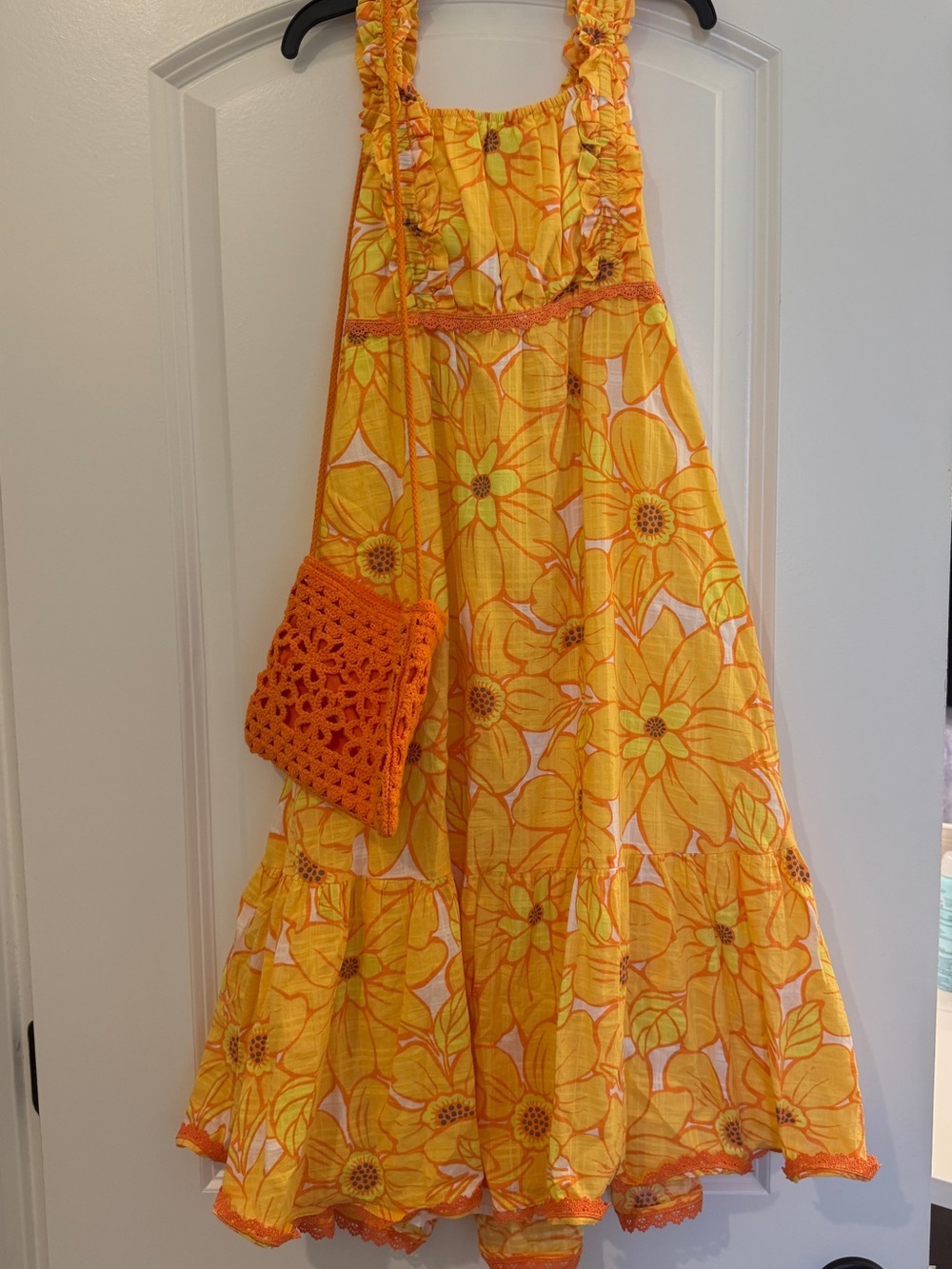 Rachel Zoe Yellow Floral Maxi Dress with Orange Crochet Bag
